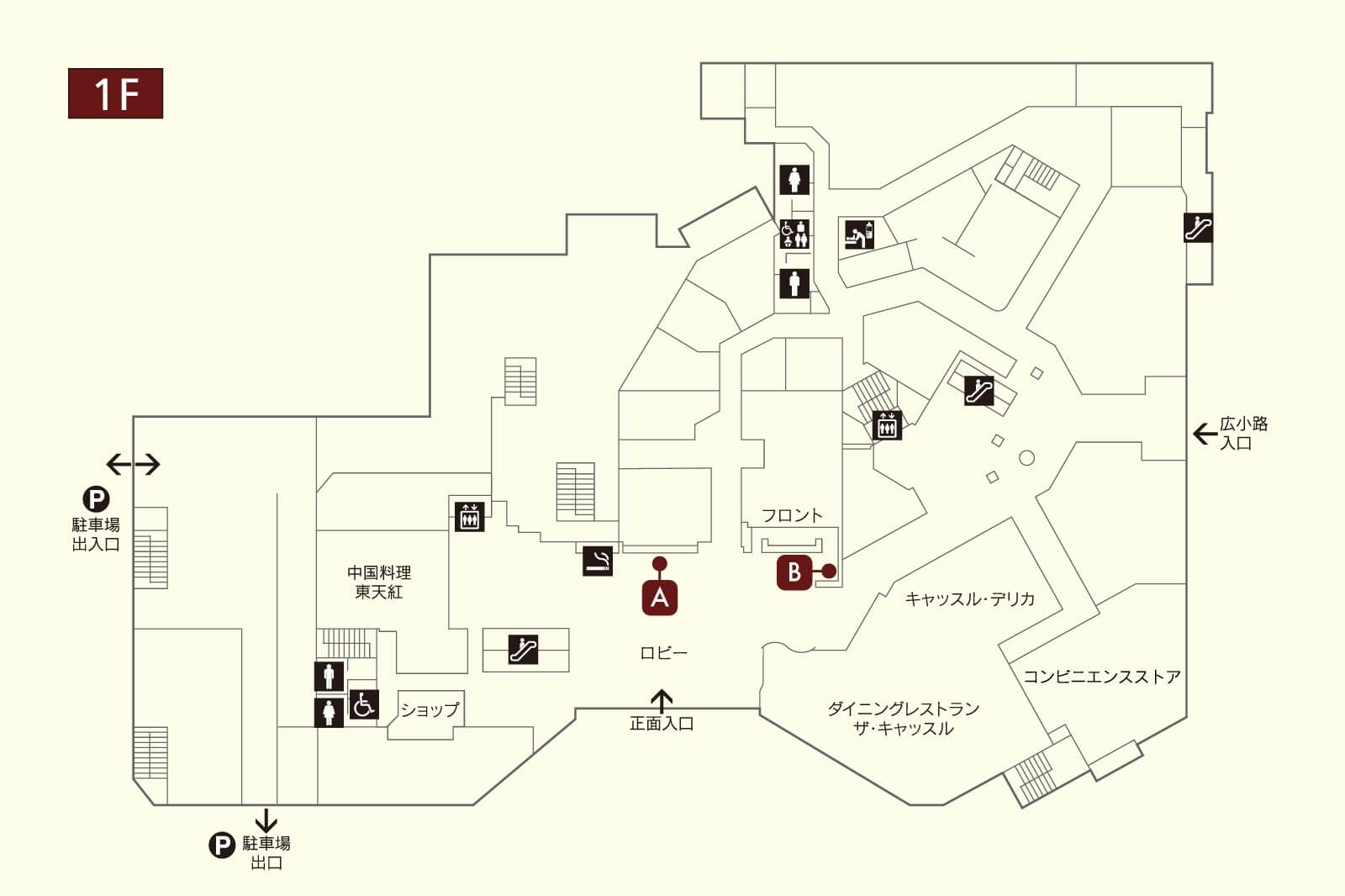 ホテル1階の館内アート見取り図の一部。ロビーとフロントを中心に、巨匠の名画が展示されている位置を示しており、正面入口や各施設との位置関係が分かる案内図。