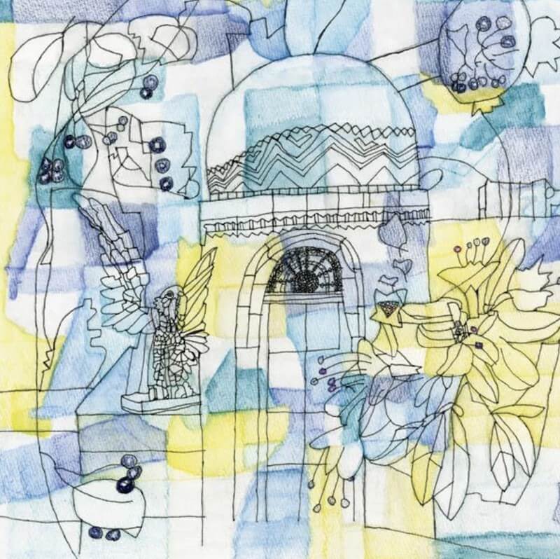 ドーム状の建物や鳥、花などが線画と淡い青・黄の色彩で描かれた幻想的なイラスト。