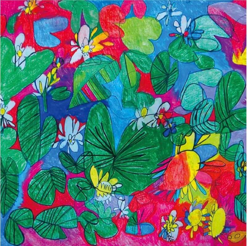 葉や花、鳥が赤や青、緑など鮮やかな色で描かれたカラフルな植物モチーフのイラスト。