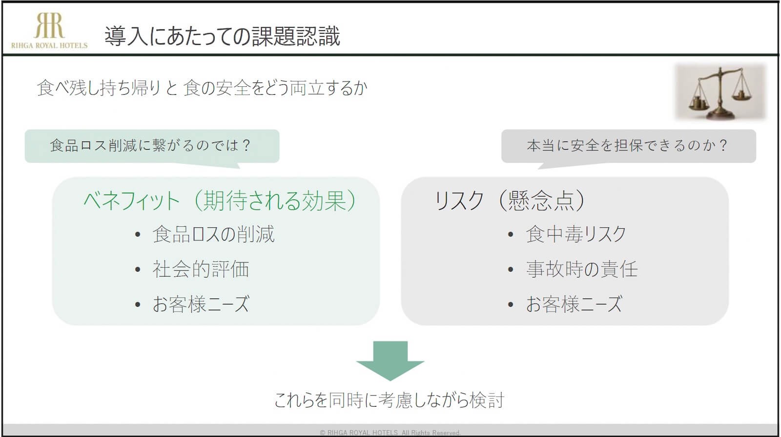 リーガロイヤルホテルの「導入にあたっての課題認識」を示した資料。「食べ残し持ち帰りと食の安全をどう両立するか」をテーマに、「食品ロス削減に繋がるのでは?」という観点から「ベネフィット(期待される効果) ・食品ロスの削減 ・社会的評価 ・お客様ニーズ」、「本当に安全を担保できるのか?」という観点から「リスク(懸念点) ・食中毒リスク ・事故時の責任 ・お客様ニーズ」を挙げ、「これらを同時に考慮しながら検討」としている。